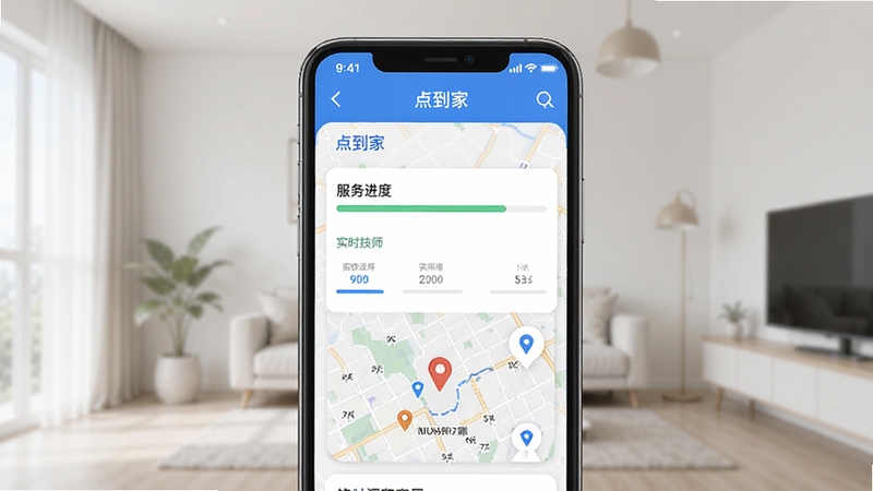 你点到家订单追踪界面,显示服务进度条与技师实时位置地图,手机界面截图风格,背景为简洁的室内环境,突出服务流程透明化与安全可靠