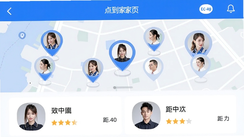 你点到家APP附近技师列表页,地图上显示多个技师头像位置标记,下方列表展示技师照片、评分、距离,界面清爽简洁,现代扁平化设计风格,色彩以蓝色和白色为主
