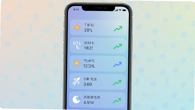 卫星天气应用内展示详细气象数据列表,屏幕从上到下依次为温度、湿度、气压、风速、能见度等指标,每个数据旁配有小图标与趋势箭头,界面清晰规整,背景为柔和的渐变色,体现软件信息丰富的特点。