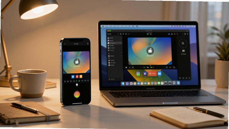 迅捷苹果录屏精灵使用场景展示图,画面中有一台iPhone和一台MacBook,屏幕显示录制界面,背景为整洁的书桌,周围有咖啡杯和笔记本,暖色调灯光,营造专业且舒适的工作氛围,产品使用场景展示