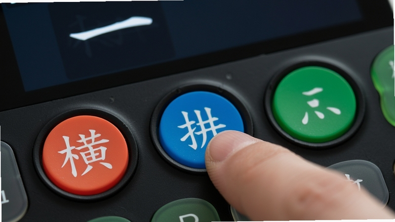 正宗笔画输入法笔画按键特写图,键盘上五个圆形按键分别标注横、竖、撇、点、折,颜色鲜艳,手指正点击“横”键,屏幕背景显示汉字“一”的输入结果,画面清晰,光线柔和,重点突出按键布局与手指操作细节,整体风格写实。