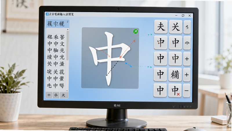 正宗笔画输入法主界面预览图,左侧为候选字栏,右侧为笔画按键布局,背景为柔和的浅蓝色渐变,整体风格简洁清晰,适合中老年用户,屏幕中央显示汉字“中”的笔画输入过程,细节丰富,真实感强,设备为台式电脑显示器,环境明亮整洁。