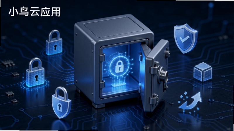 小鸟云应用数据安全保护示意图,画面中央是一个打开的保险箱,内部发出柔和蓝光,周围环绕数字锁、盾牌和备份箭头图标,背景为深蓝色电路板纹理,左上角有小鸟云应用字样,整体风格严谨专业,突显加密与备份功能