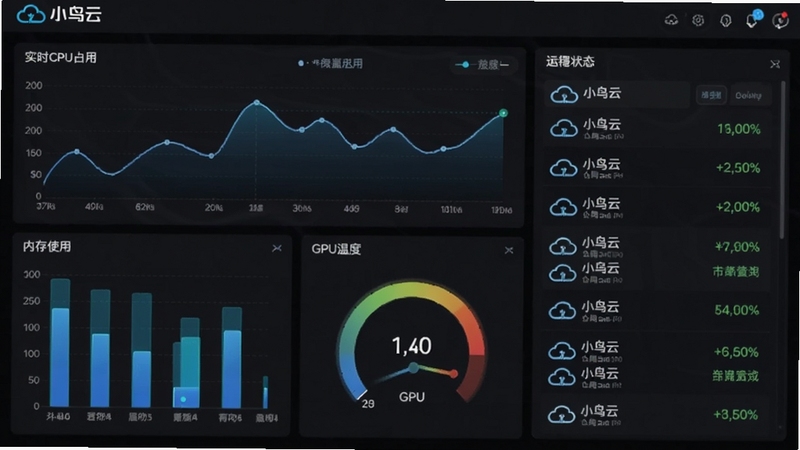 小鸟云应用高性能云主机后台界面预览图,显示实时CPU占用率曲线、内存使用条形图、GPU温度监控仪表盘以及多台云主机运行状态列表,深色科技风界面设计,数据可视化图表清晰,画面中包含小鸟云应用logo,整体呈现专业、高效的云管理质感