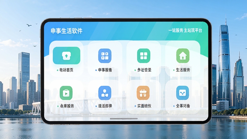 申事生活软件主界面预览图,展示首页功能图标排列,背景为现代城市天际线,色彩明亮清新,突出生活服务一站式平台的特性。