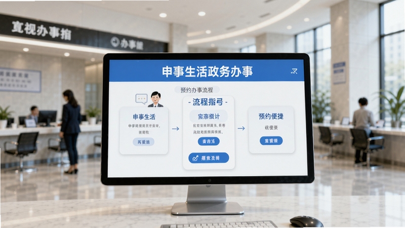 申事生活政务办事功能界面,展示预约办事流程指引,背景为简洁的办事大厅,强调高效便捷的服务体验。