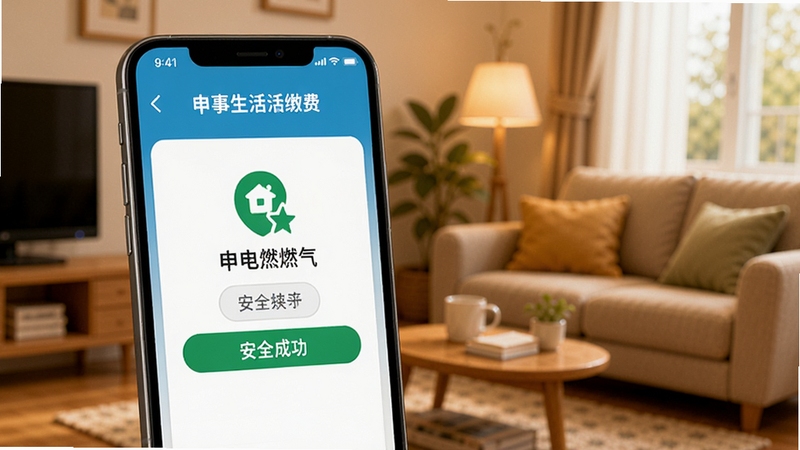 申事生活生活缴费功能展示,手机界面显示水电燃气缴费成功页面,背景为温馨的家居环境,突出安全便捷的支付体验。