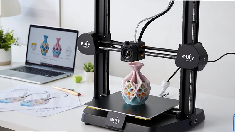 Boogu生成,画面主体为一台桌面级eufyMake智能3D打印机正在工作,打印头下方是一个正在成型的精美花瓶模型,背景是明亮整洁的现代家庭工作台,工作台上有笔记本电脑和设计图纸,整体光线柔和,色彩鲜明,突出科技感与生活化的融合,画面中要有eufyMake品牌标识特写。