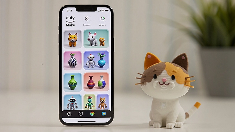 Boogu生成,智能手机屏幕展示eufyMake应用界面,界面内显示丰富的3D模型缩略图墙,包含动物、机器人、花瓶等各类模型,色彩斑斓,界面设计现代简洁,手机旁放置着一个已打印完成的卡通猫模型,画面背景虚化,突出手机屏幕内容,也要有eufyMake界面元素。