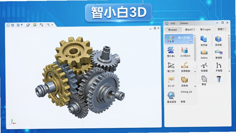 智小白3D软件主界面展示,左侧为3D模型预览区域,右侧为功能操作面板,背景为简约科技蓝渐变色调,模型呈现齿轮与机械零件组合,软件名称“智小白3D”悬浮于界面顶部中央,画面清晰明亮,细节丰富,适配Boogu模型生成