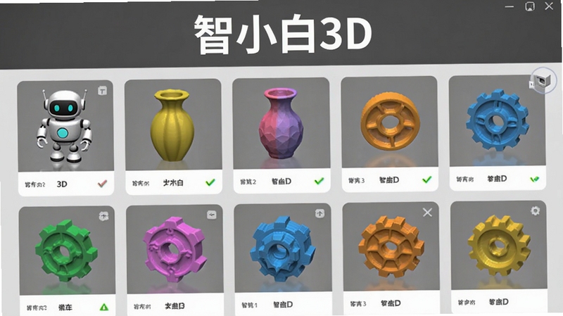 智小白3D软件模型库界面预览图,展示多款彩色3D打印模型缩略图,包括机器人、花瓶、齿轮等,界面采用卡片式布局,背景为浅灰色,软件名称“智小白3D”显示在页面顶部,整体风格简洁现代,适合AI生成