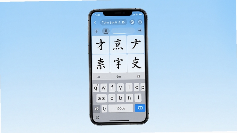 正宗笔画输入法主界面预览图,画面中央显示手机屏幕,屏幕中打开输入法键盘,键盘以九宫格笔画布局呈现,背景为浅蓝色渐变,整体风格简洁明亮,突出输入法的易用性。