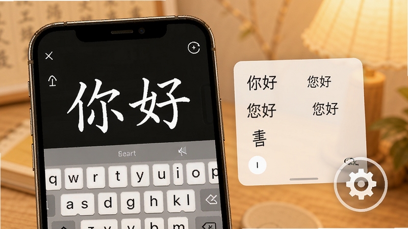 正宗笔画输入法智能词库与自学习功能示意图,画面展示手机屏幕上输入“你好”的笔画后,候选区出现“你好”、“您好”等词语,背景为柔和的暖色调,键盘旁有齿轮图标暗示设置功能。