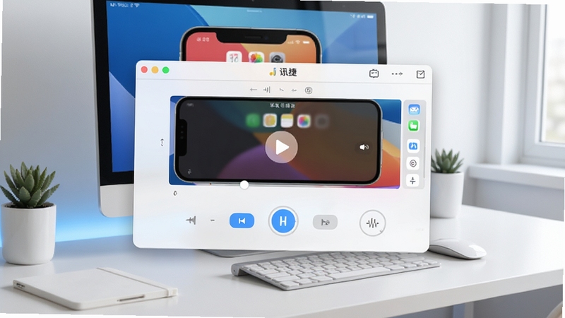 迅捷苹果录屏精灵主界面预览图,展示其简洁清晰的录屏控制面板,背景为现代简约的办公桌面,包含iOS设备屏幕镜像界面,色调以蓝白为主,画面干净明亮,突出软件易用性与专业性