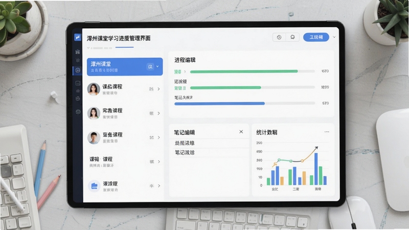 潭州课堂学习进度管理界面设计图,画面展示课程列表与进度条,包含笔记编辑区域和统计图表,整体风格简洁清晰,背景为浅灰色质感桌面,突出数据可视化