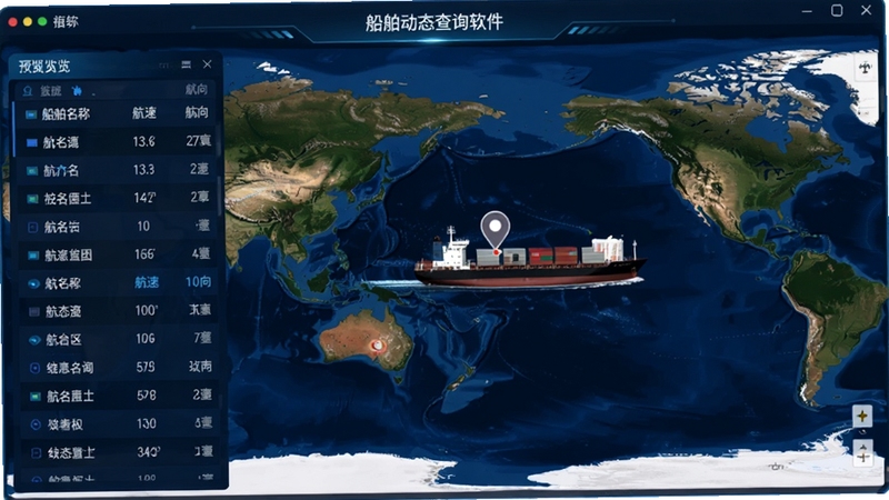 船舶动态查询软件界面预览,展示全球船舶分布地图,屏幕中央显示一艘大型货轮的位置标记,左侧列表列出船舶名称、航速、航向等数据,背景为深蓝色海洋地图,界面简洁清晰,科技感强,整体画面明亮,细节丰富,适合作为软件介绍主图。