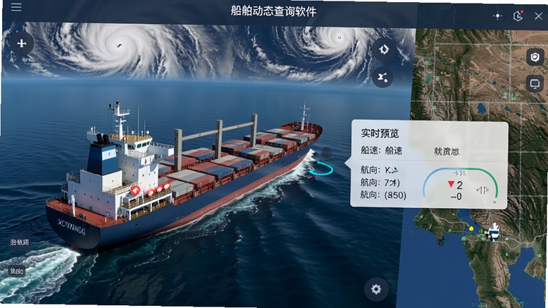 船舶动态查询软件功能预览图,画面中显示一艘货轮在海上航行,地图界面标记其实时位置,并弹出信息卡片展示船速与航向,背景有卫星云图,整体风格写实,光线自然,突出实时追踪的精准性。