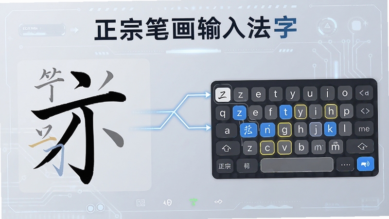正宗笔画输入法笔画智能识别功能示意图,画面左侧显示一个汉字的手写笔画分解动画,右侧键盘高亮对应笔画按键,中间连接线条显示匹配过程,背景为浅灰色科技感界面,突出正宗笔画输入法字样的产品名称,画面清晰,色彩协调,适配教程讲解场景
