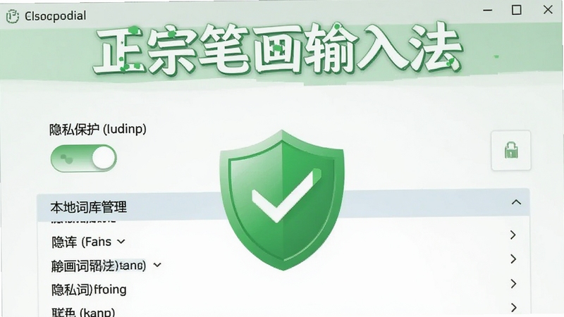 正宗笔画输入法离线词库与隐私保护界面截图,画面展示设置面板中隐私保护选项开关,下方为本地词库管理列表,背景为绿色安全盾牌图标,整体风格简洁,突出正宗笔画输入法软件名称,色调清新,适合功能说明配图