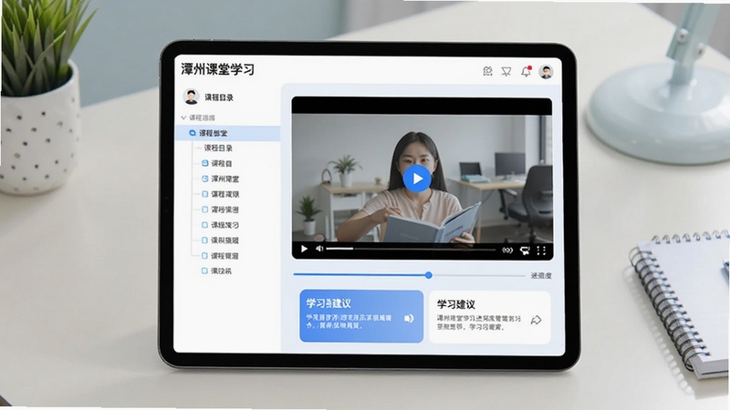 潭州课堂学习进度管理界面,平板电脑横屏展示,左侧为课程目录树,右侧为视频播放画面,底部显示进度条与学习建议卡片,背景为书桌一角,整体色调清爽,突出智能化的交互体验