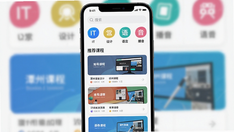 潭州课堂课程分类展示界面,手机竖屏截图风格,顶部搜索栏下方排列着IT、设计、语言、播音等彩色图标标签,下方为推荐课程卡片瀑布流,背景干净,色彩明快,UI设计现代清晰
