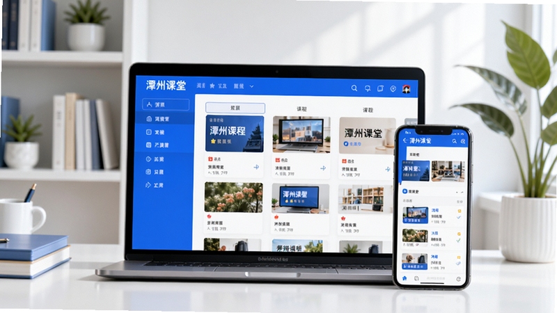 潭州课堂在线教育平台主视觉图,画面中心为笔记本电脑与手机并排展示,屏幕中清晰显示潭州课堂课程列表界面,背景为明亮简约的现代书房场景,书架与绿植点缀,整体色调以蓝色和白色为主,体现专业与清新感,光线柔和,细节丰富