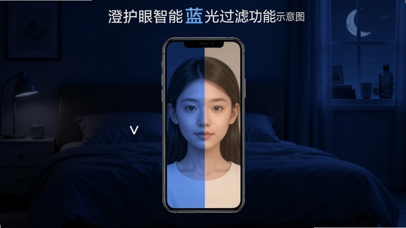 澄星护眼智能蓝光过滤功能示意图,手机屏幕一半显示普通模式刺眼蓝光,另一半显示开启护眼后的暖色柔和光线,背景为深蓝色夜晚卧室场景,对比鲜明,体现过滤效果