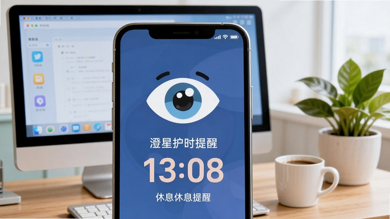 澄星护眼定时休息提醒界面,手机屏幕上显示卡通眼睛图标与休息倒计时,背景为办公桌场景,有电脑屏幕与咖啡杯,旁边有一盆绿植,整体风格清新活泼,强调劳逸结合