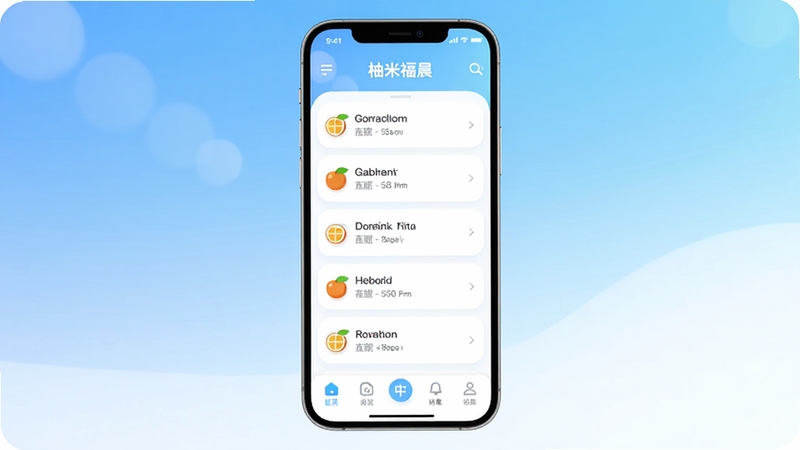 柚米福晨主界面预览图,展示简洁的聊天列表与底部导航栏,背景为清新的蓝白渐变色调,界面布局清晰,图标圆润,整体风格现代且友好,适合移动端竖屏展示