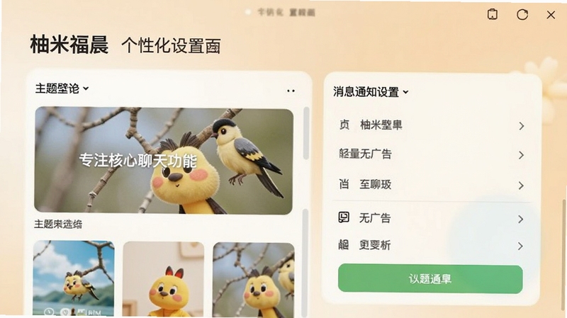 柚米福晨个性化设置界面,展示主题壁纸选择与消息通知设置选项,背景柔和,菜单列表清晰,体现软件轻量、无广告、专注核心聊天功能的特色