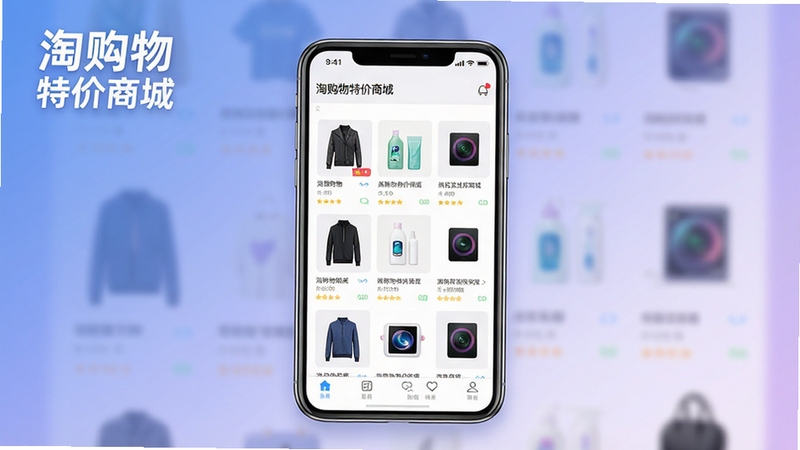 一张展示淘购物特价商城手机应用主界面的高清产品预览图,画面中央是一部亮屏的智能手机,屏幕中清晰显示应用商店风格的商品列表,包含服饰、日用品、数码产品等缩略图,左上角有“淘购物特价商城”字样Logo,背景为柔和的渐变蓝紫色,整体风格现代简约,光线明亮,突出购物应用的主题,构图聚焦于手机屏幕,背景虚化处理,营造专业电商氛围。
