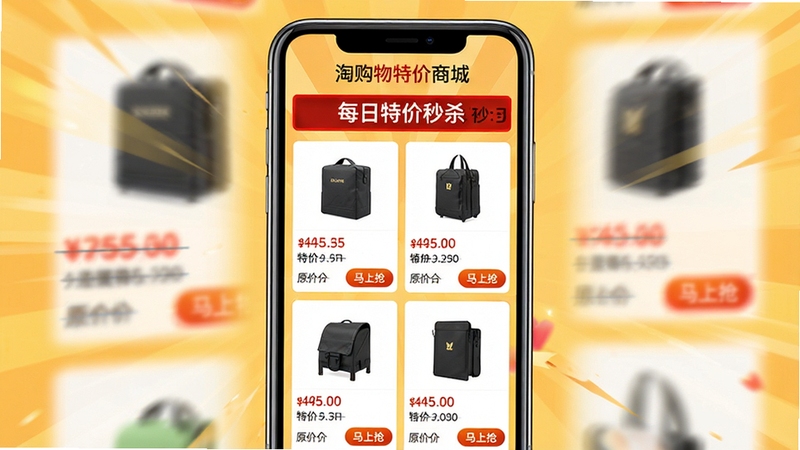 淘购物特价商城应用内“每日特价秒杀”功能界面展示图,画面呈现手机屏幕内部截图风格,顶部有红色秒杀倒计时条,下方为网格状商品卡片,每张卡片显示商品图片、折扣价格和原价划线,卡片右下角有“马上抢”按钮,背景为暖黄色促销色调,整体视觉冲击力强,突出限时优惠的紧迫感,画面清晰,适合电商功能预览图风格。
