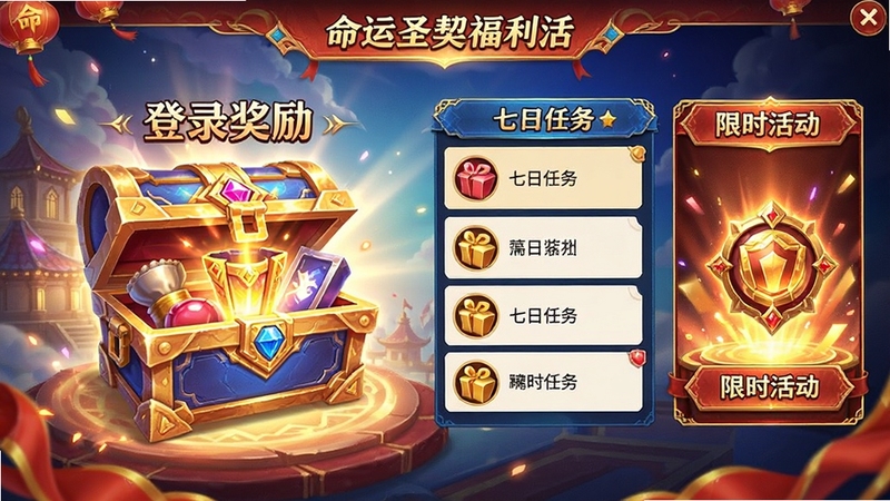 命运圣契福利活动界面预览图,展示登录奖励宝箱、七日任务列表和限时活动入口,界面喜庆明亮,色彩鲜艳,突出丰富奖励