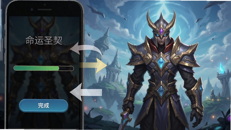 命运圣契游戏安装教程示意图,展示手机屏幕上的安装进度条和“完成”按钮,背景是游戏启动画面,简洁明了,带有操作指引箭头