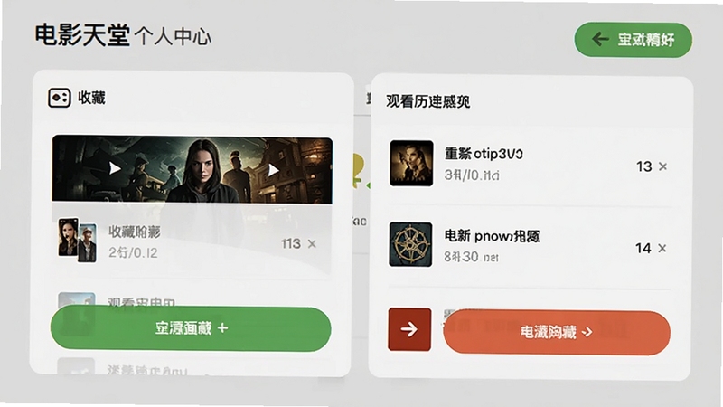 电影天堂个人中心页面,展示我的收藏与观看历史列表,界面采用卡片式设计,背景为浅灰色,图标清晰,操作按钮醒目。