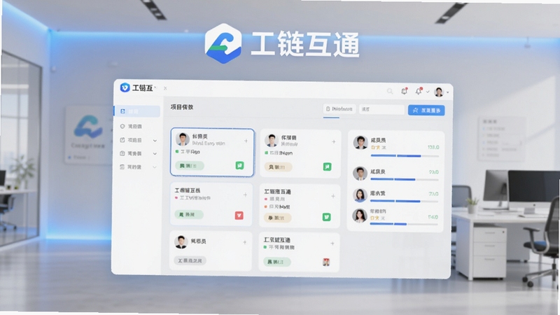 工链互通软件主界面预览图,画面中央展示一个整洁的项目协作看板,包含任务卡片、成员头像与进度条,背景为浅灰色现代办公场景,带有柔和的蓝色渐变光线,整体风格简约明亮,突出软件logo与“工链互通”字样,适配Boogu模型生成。