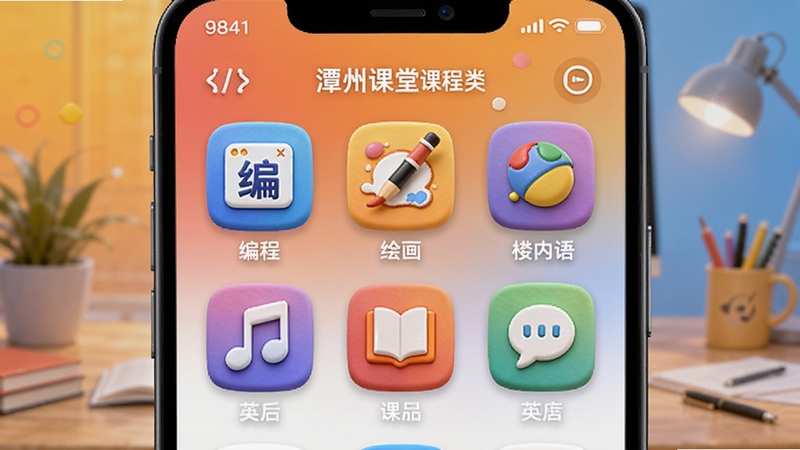 潭州课堂课程分类界面,手机屏幕展示不同学科图标,包括编程、绘画、英语、音乐等,背景为渐变色学习氛围,色彩明快,图标立体感强,突出课程多样性,适合功能亮点展示,Boogu模型生成