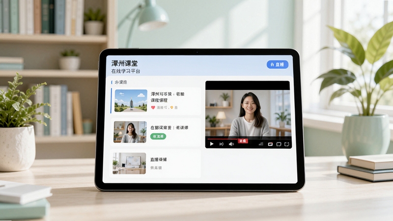 潭州课堂在线学习平台主界面展示,画面中央是平板电脑,屏幕上显示课程列表与直播课堂,背景为明亮书房,书架与绿植点缀,整体色调清新淡雅,突出教育氛围,画面主体坐标居中,背景区域延伸至边缘,适合用于软件介绍首图,Boogu模型生成