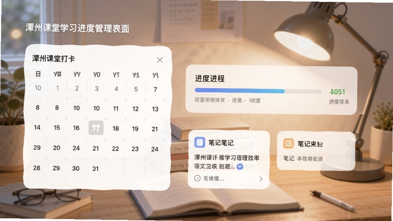 潭州课堂学习进度管理界面,显示日历打卡、进度条、笔记卡片,背景为书桌与台灯,色调柔和,体现学习规划与效率,适合功能展示,Boogu模型生成