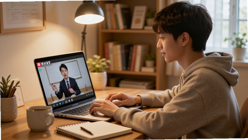 潭州课堂用户学习场景,一位年轻人坐在书桌前使用笔记本电脑观看课程,屏幕中显示老师讲课画面,旁边摆放笔记本和咖啡杯,背景温馨,体现真实学习氛围,适合用户口碑展示,Boogu模型生成
