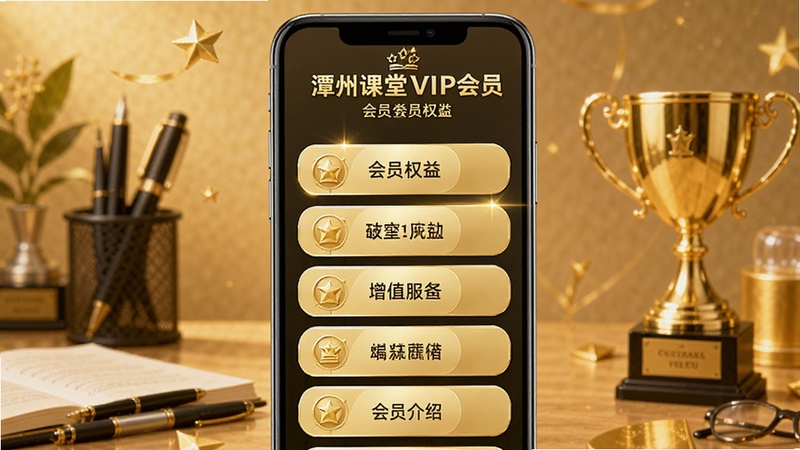 潭州课堂VIP会员页面,手机屏幕显示会员权益列表,金色调,背景为学习用品与奖杯,象征成就,突出增值服务价值,适合会员介绍,Boogu模型生成