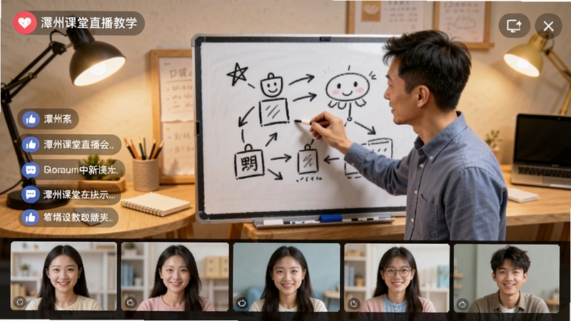 潭州课堂直播教学场景,老师在直播间板书画图,学生头像在屏幕下方排列,互动弹幕飘过,背景为简约工作台,灯光温暖,画面生动有活力,体现在线互动教学特色,Boogu模型生成