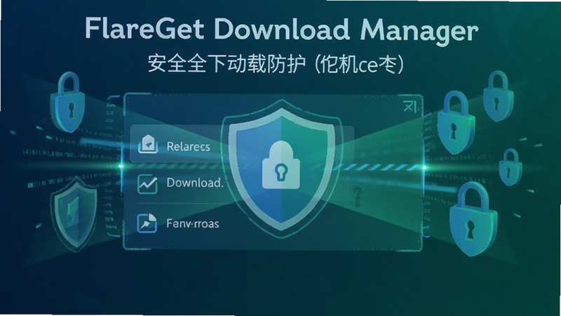 展示FlareGet Download Manager安全下载防护概念,画面中央为带有盾牌图标的下载任务,后台有扫描光束与安全锁标识,色调以蓝绿为主,风格清爽,强调安全检测与隐私保护特性。