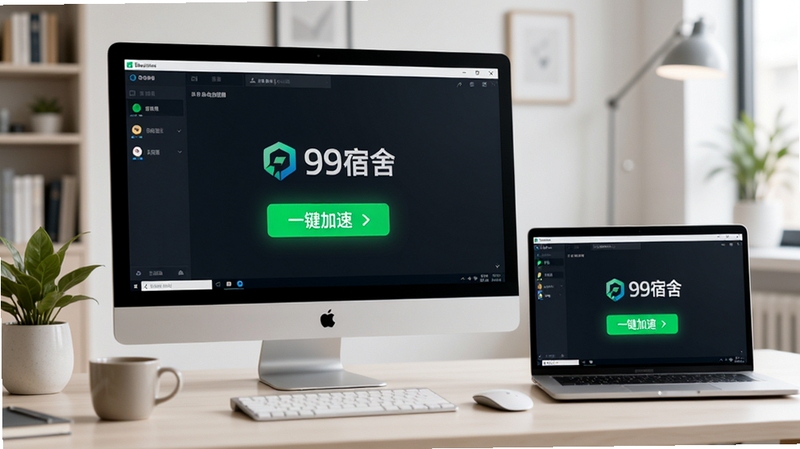 画面主体为99宿舍网络加速器软件在台式电脑与笔记本电脑屏幕上运行的界面特写,背景为现代简约的书房场景,桌面整洁有绿植与咖啡杯,整个画面色调明亮清新,突出软件界面中一键加速按钮的绿色光效,整体风格写实且富有科技感,软件名称以LOGO形式出现在屏幕中央位置,背景虚化处理,营造专业可信赖的氛围,适配Boogu模型生成图片。