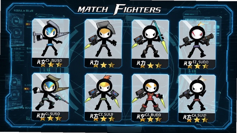 Match Fighters角色选择界面图,屏幕上陈列多个火柴人角色立绘,每个角色下方显示战力与星级,背景为科技感十足的蓝色数据面板,角色姿态各异,展示丰富选择