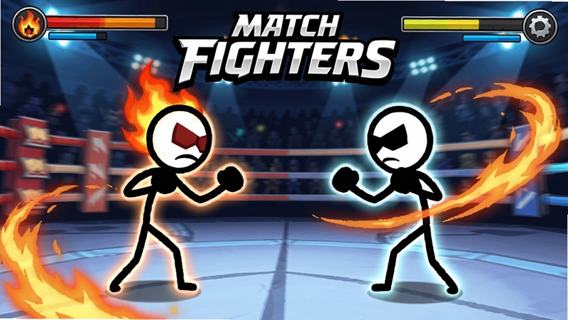Match Fighters游戏主界面预览图,画面中央两个火柴人角色对峙,背景为动态竞技场,火焰特效环绕,整体风格简洁明快,突出格斗氛围