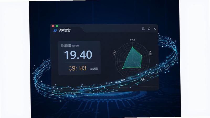 高清数字渲染图,99宿舍网络加速器主界面悬浮在深蓝色科技背景之上,界面显示网络延迟数字与信号雷达图,周围有流光数据线条环绕,整体风格现代简洁,突出软件核心功能,画面干净无文字水印