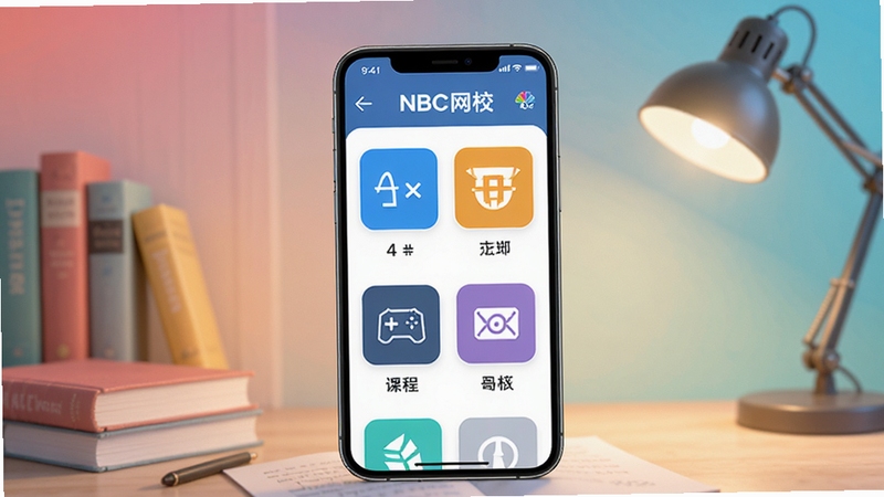 ����һ��չʾNBC��УӦ�ú��Ĺ��ܵĳ���ͼ������������һ�������������ֻ�����Ļ����ʾNBC��У�Ŀγ��б����棬������ѧ��Ӣ���̵ȿ�Ŀͼ�꣬����������͵Ľ���ɫ�鷿�������鱾��̨����Ϊװ�Σ�����������������ͻ�����߽����ı�����Ч��