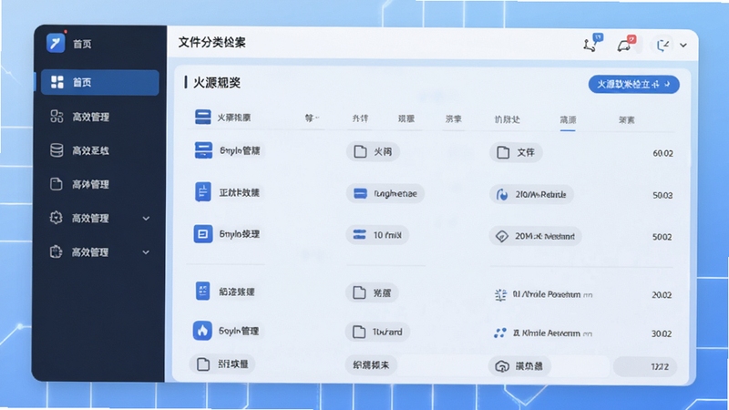 火源软件主界面预览图,展示其简洁明亮的布局,左侧为功能导航栏,右侧主要区域显示文件分类检索结果,背景采用柔和的渐变蓝色调,图标设计现代且富有科技感,整体画面清晰通透,突出高效管理的核心氛围