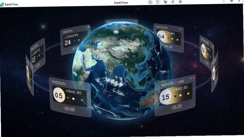EarthTime����������Ԥ��ͼ������������һ���߾��ȵ�3D����ģ�ͣ������������ɫ����������ͼ������������Χ�����Ŷ����͸����ʱ�俨Ƭ���ֱ���ʾ�������׶ء�ŦԼ�������ȳ��еĵ���ʱ������ҹ״̬������Ϊ������ǿս��䣬�������Ƽ���ʮ�㣬������ͣ�ϸ�ڷḻ�������������չʾ��